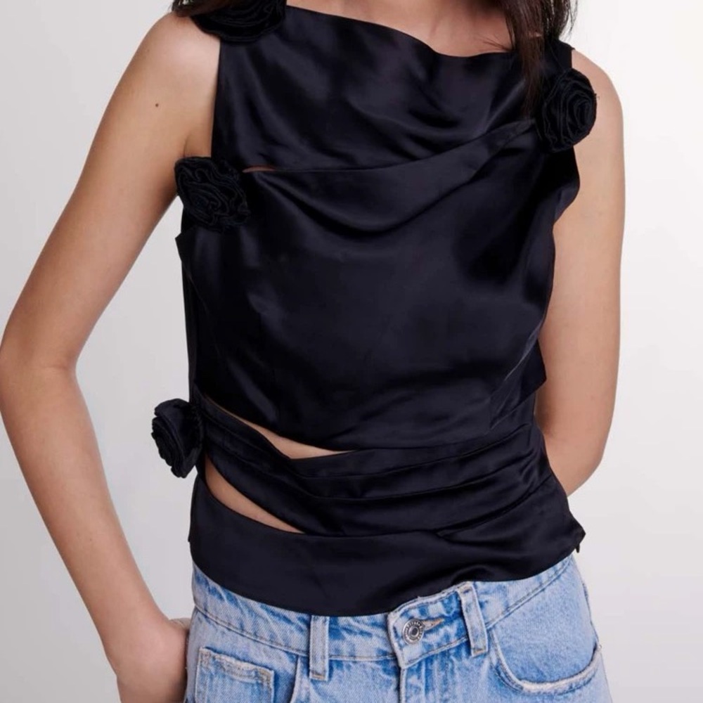 Maje Black Satin Blouse with Floral Accents